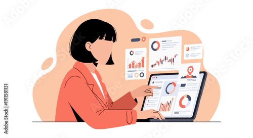 Flat illustration of faceless woman with short black hair wearing coral coat managing online business performance metrics dashboard, remote entrepreneur concept
