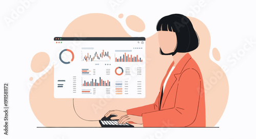 Flat illustration of faceless woman with short black hair wearing coral coat handling digital payment processing dashboard remotely