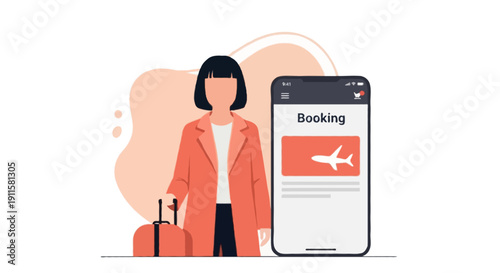 Flat illustration of faceless woman with short black hair wearing coral coat holding luggage beside smartphone with booking app