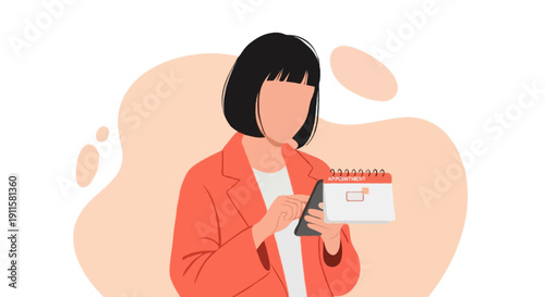 Flat illustration of faceless woman with short black hair wearing coral coat checking calendar appointment reminder on mobile device