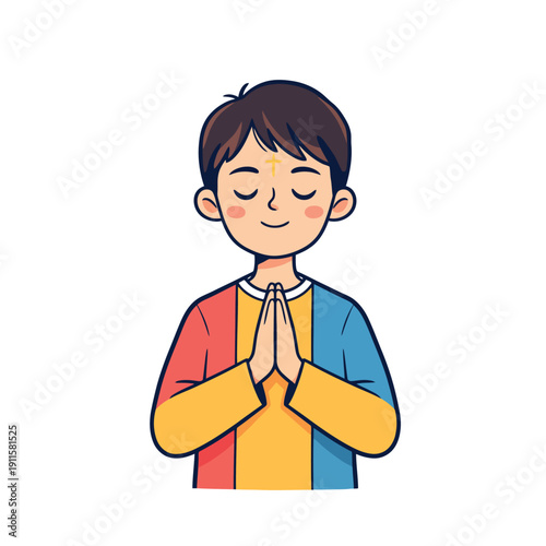 Vsai young boy praying during lent with ash cross