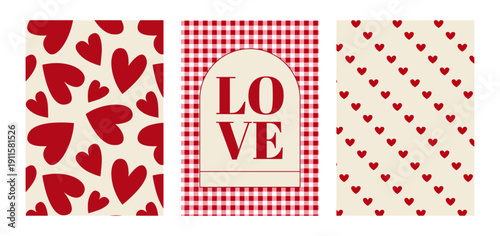 Set of cute romantic posters with hearts and word love on checkered vichy background. Vector flat patterns and modern typographic poster for valentine's day