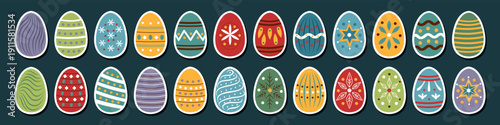 Easter eggs set isolated on black. Multicolored Easter eggs cliparts stickers. Vector hand drawn collection.