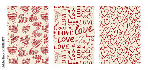 Set of vertical backgrounds with hand drawn hearts and typography pattern with word love. Valentine's day vector patterns for scrapbooking, greeting cards, wrapping paper
