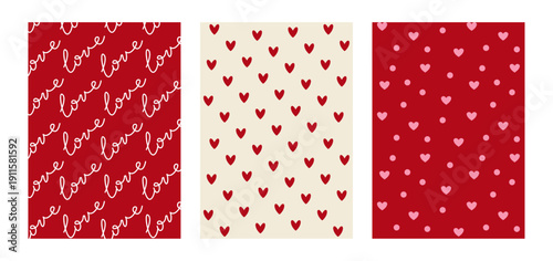 Set of valentine's day vertical backgrounds with handwritten word love and hearts. Vector flat patterns for scrapbooking, greeting cards, wrapping paper