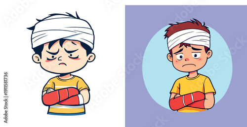 Vsai sad child having head bandage and broken arm