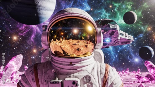 Astronaut standing on alien planet with spaceship and colorful nebula