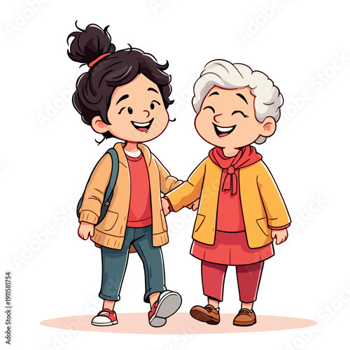 Vsai grandmother and granddaughter walking together, showing family love