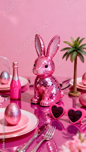 Barbiecore Easter: hot pink glitter eggs, sequin bunny, pink champagne. Ultra-feminine, playful Y2K aesthetic, vertical party scene.