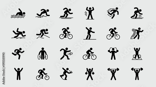 Iconic Sports Collection: A comprehensive set of stylized icons represents a range of dynamic sports activities, ideal for conveying movement, action, and athletic pursuits.