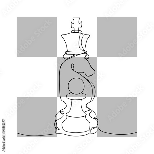 Continuous line drawing of chess pieces. Single line art symbolizing strategy, logic, and decision-making. Concept for business, leadership visuals, education, problem-solving themes. 