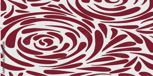 Abstract Swirls and Teardrop Shapes Pattern in Deep Red on White Background.