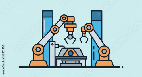 Industrial robotic arms operating assembly line machinery in a modern factory setting with blue and orange accents