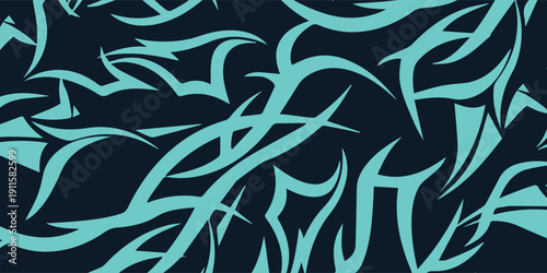 Abstract tribal pattern in teal on a dark background.