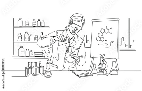 One continuous line.Laboratory assistant in the laboratory The pharmacist prepares the medicine.