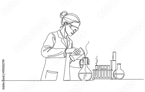 One continuous line.Laboratory assistant in the laboratory The pharmacist prepares the medicine.