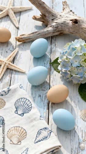 Coastal Grandma Easter: nautical eggs, starfish, driftwood, hydrangea on weathered white table. Serene beach cottage spring aesthetic.