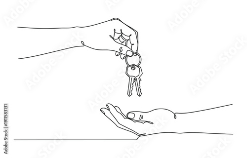 Continuous one line drawing of hand holds the keys to the car or apartment and handing it over to another person.