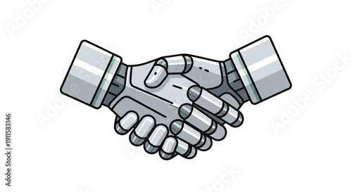 Robot hands shaking in agreement or partnership illustrated in gray tones on white background symbolizing artificial intelligence collaboration or robotic teamwork