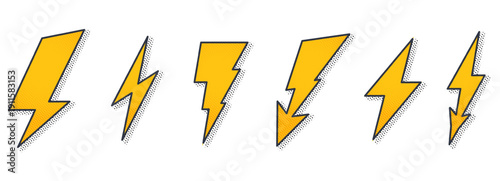 Yellow lightning strike collection featuring bold thunderbolt vectors. Electric energy icons ideal for mobile chargers, power logos, and storm-themed illustrations with graphic punch