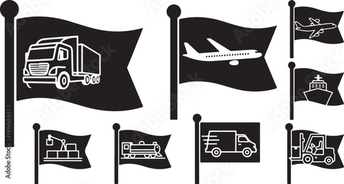 Transportation icons on black flags with white graphics symbols