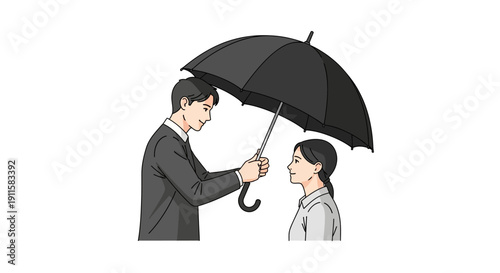 Man holding umbrella for a woman.