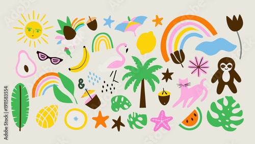 Colorful whimsical illustration featuring fruits animals and playful abstract shapes