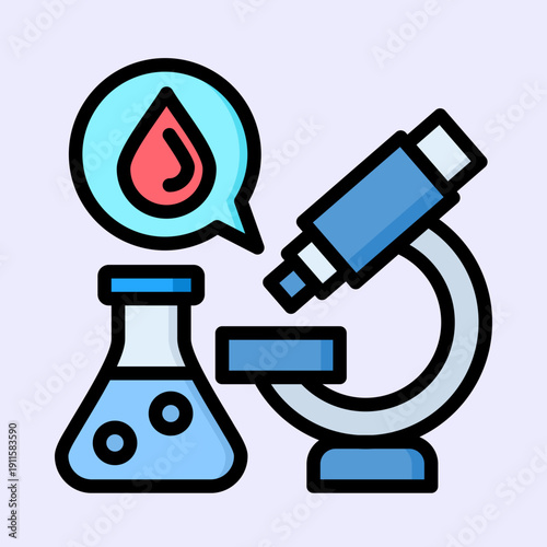 A cartoon illustration of a microscope, a flask, and a blood drop icon, representing scientific research and medical testing.