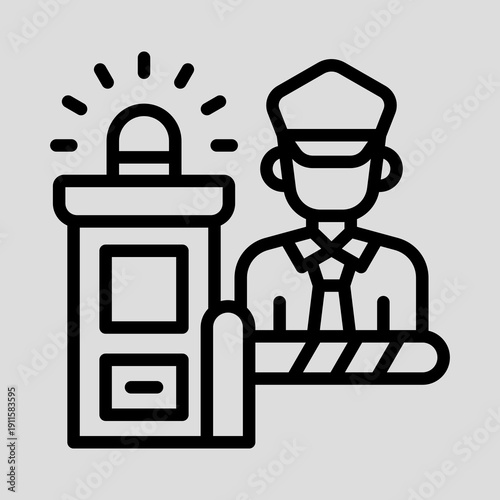 Line art icon of a security guard standing next to a barrier and a booth with a flashing light, representing a checkpoint or border control.
