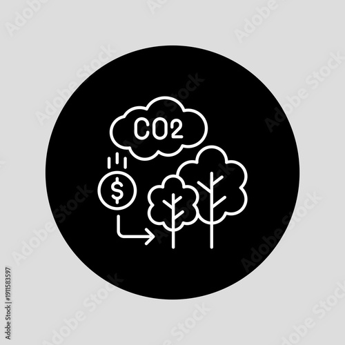 Line art icon representing carbon offsetting, showing CO2 emissions, financial investment, and trees for environmental sustainability.