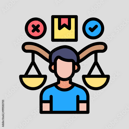 A person evaluating options with a balance scale, showing concepts of right, wrong, and product assessment.