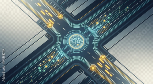 Futuristic neon lit circuit board with glowing blue pathways and yellow lights on dark gray background symbolizing advanced technology and digital connectivity