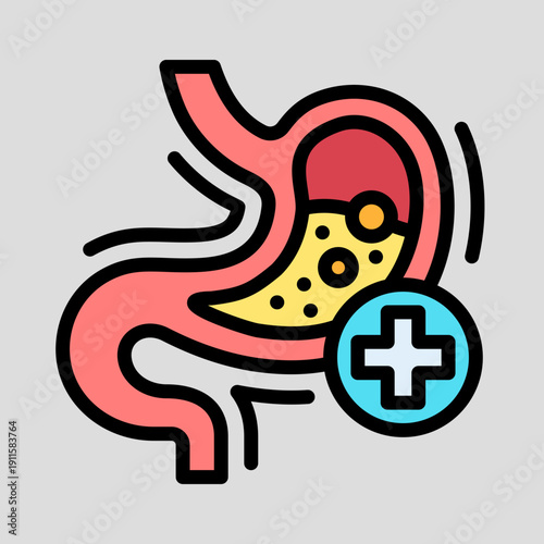 Stylized illustration of human stomach with digestive contents and medical cross symbol.