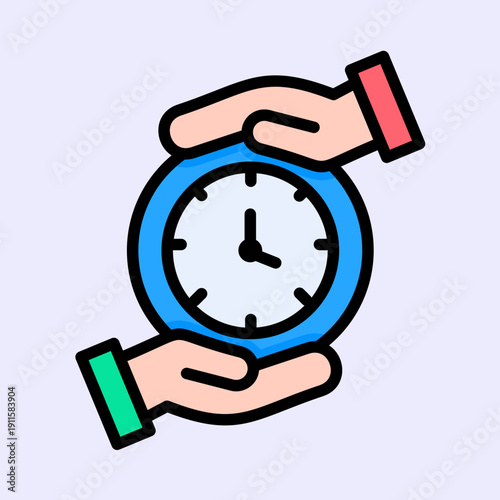 Two stylized hands holding a blue and white clock, symbolizing time management or sharing time.