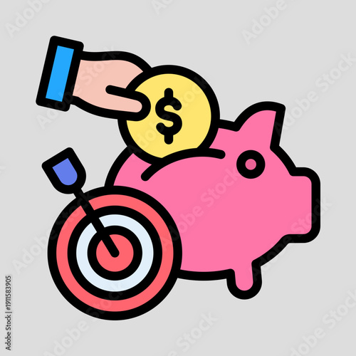 Hand putting dollar coin into piggy bank with target and arrow, symbolizing financial goals and savings.
