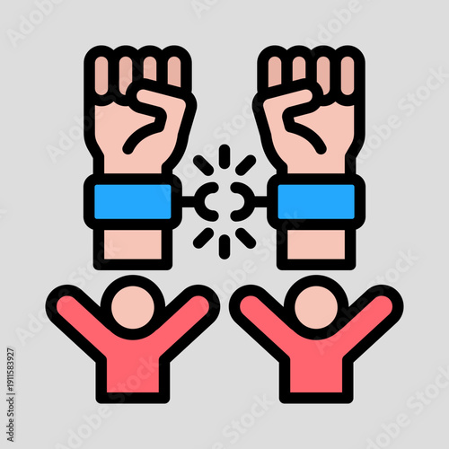 Iconic illustration of broken shackles on wrists with two people celebrating freedom.