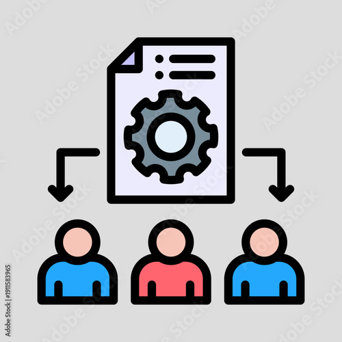 Document with gear icon distributing tasks or information to three people.