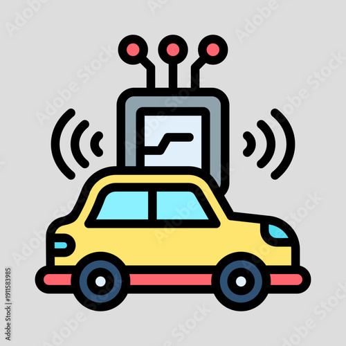 A yellow car with wireless signals and a connected device, representing smart vehicle technology.