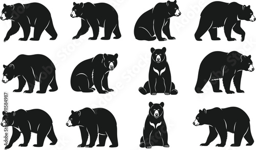 Black bear silhouettes collection with grizzly and polar bear poses walking sitting and standing, cad drawing flat vector illustration, isolated on white