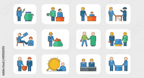 Industrial workers performing various tasks in a factory setting.