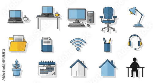 Collection of modern office and technology icons on a white background.
