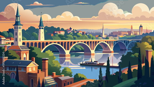 Very beautiful view of the Key Bridge at Georgetown University, Washington DC, spanning the Potomac River with historic campus buildings and urban landscape in the background.