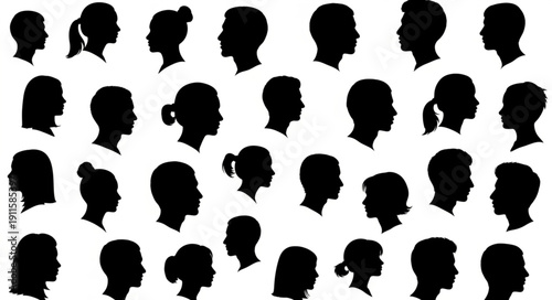 Collection of diverse human head silhouettes in profile view.