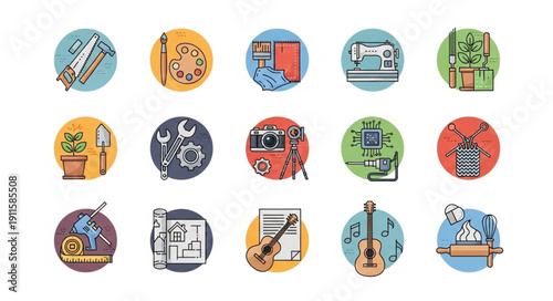 Collection of creative hobby icons in circles.