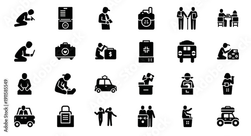 Collection of diverse human activity icons representing various scenarios.