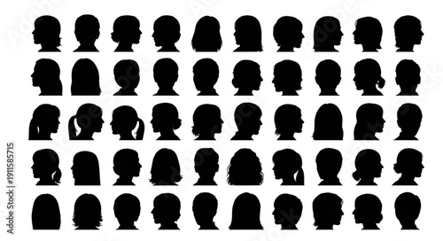 Collection of diverse child head silhouettes in profile view.