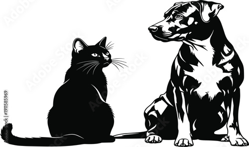 Cat and dog sitting together silhouette, pet shop friendship concept, domestic animal icons, cad drawing flat vector illustration, isolated on white