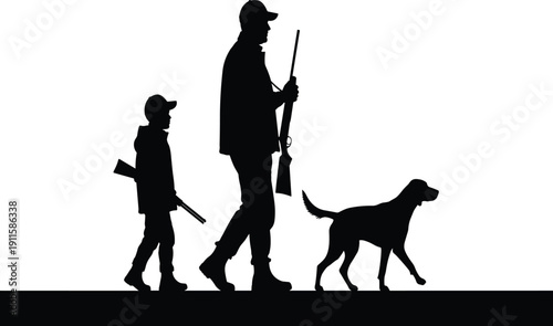 Hunter father and son with dog silhouette walking during outdoor hunting trip cad drawing flat vector illustration for family tradition and adventure concept