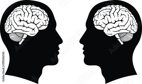 Human brain and head profile silhouettes set, mental health and psychology concept, neurological anatomy flat vector icons for medical and science design