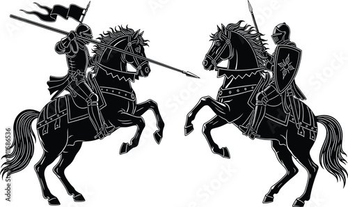 Medieval knight on rearing horse silhouette with spear and shield for jousting tournament cad drawing flat vector illustration for historical heraldic design concept